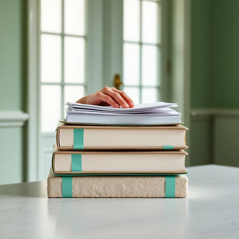 Three tiered folders on a stone-coloured desk with mint green binding accents