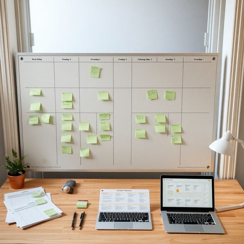 Content production workflow mapped across a stone-mint planning board